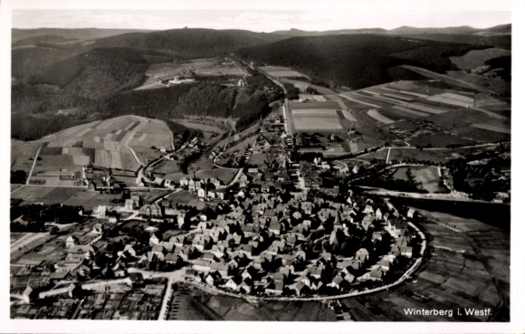 Postcard Winterberg in Sauerland, aerial view of rural surroundings, mountains, fields