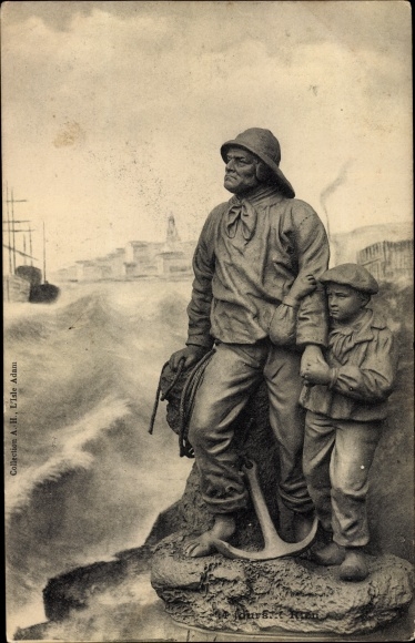 Postcard fisherman with boy, plastic, anchor