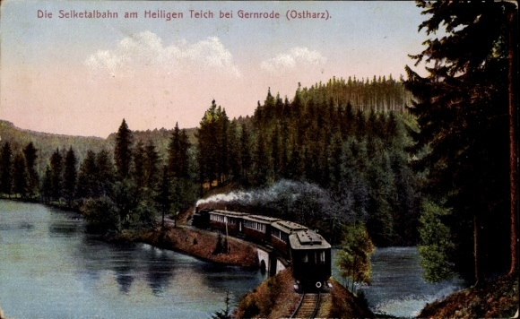 Ak Gernrode Quedlinburg im Harz, Selketalbahn auf der Strecke, Heiliger Teich