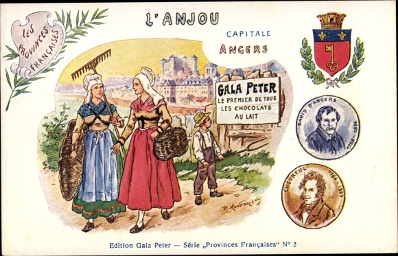 Coat of arms artist Postcard Angers, L'Anjou, traditional costumes, advertising Gala Peter, Chevreul, David d'Angers