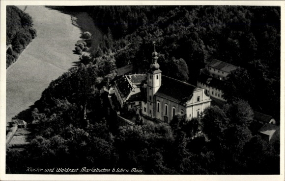 Postcard Mariabuchen Lohr a Main, aerial photograph, monastery