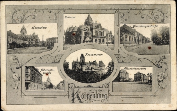 Postcard Korneuburg in Lower Austria, Bisambergerstraße, town hall, Albrechtskaserne, Kreuzenstein