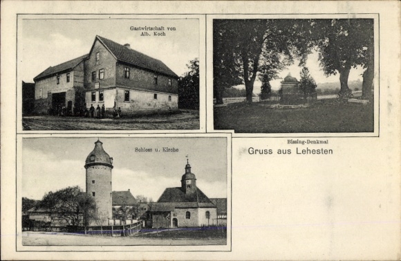 Postcard Lehesten in the Thuringian Forest, Alb. Koch's inn, castle and church, Blasing monument