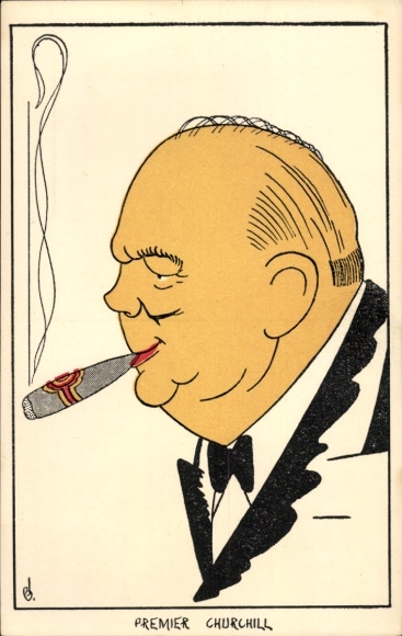 Artist Postcard Prime Minister Winston Churchill, caricature, cigar