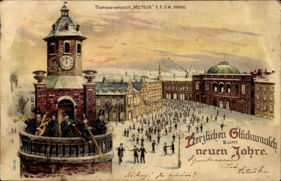 Halt gegen das Licht Litho Fröhliches Neujahr, Turmbläser, Uhr, Meteor