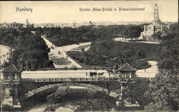 Postcard Hamburg Neustadt, Kersten-Miles-Bridge, Bismarck Monument