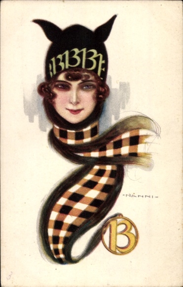 Artist Postcard Nanni, Young Woman, Black Hat, Checkered Scarf