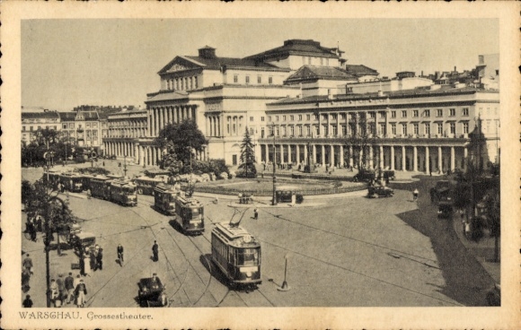 Postcard Warszawa Warsaw Poland, Grand Theatre, trams