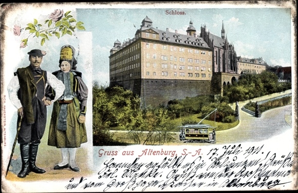 Ak Altenburg in Thüringen, Ansicht des Schlosses, Trachtenpaar