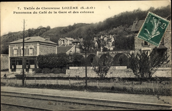 Postcard Lozere Essonne, Cafe de la Gare and hillsides