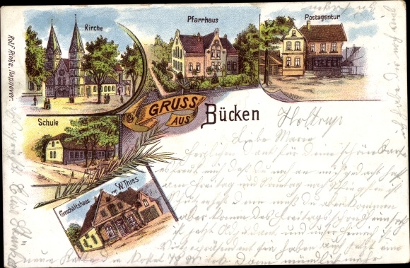 Chromo-Litho Bücken in Lower Saxony, church, parsonage, commercial building, school