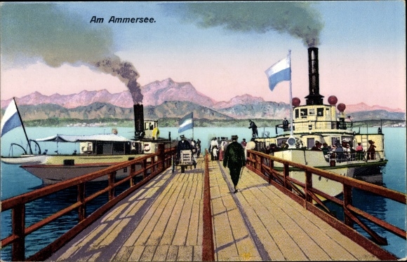 Postcard Am Ammersee, saloon steamer at a landing stage
