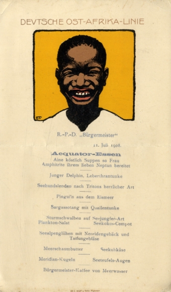 Artist menu card ET., Steamer Mayor, July 24, 1908, Equator Essen