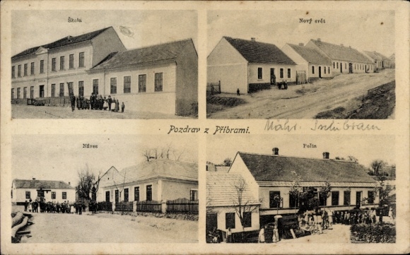 KP Příbram Pibrans Środkowe Czechy, pocztówka z czterema widokami Pozdrav z Příbrami.