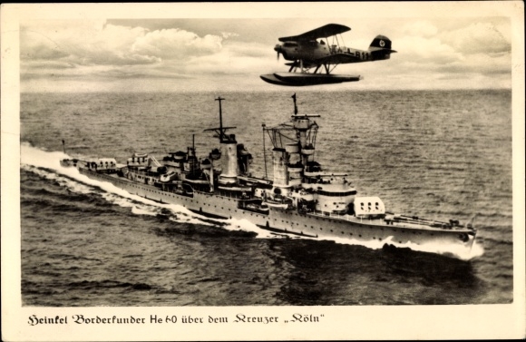 PC Heinkel Borderkunden HE60 over the cruiser Cologne, German Wehrmacht, Kriegsmarine