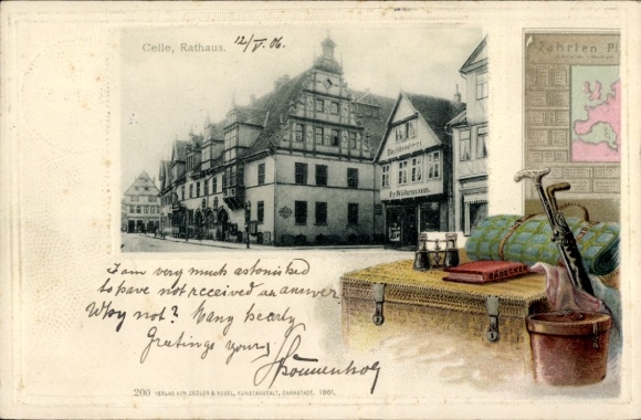 Embossed Passepartout PC Celle in Lower Saxony, town hall, map, chest, binoculars