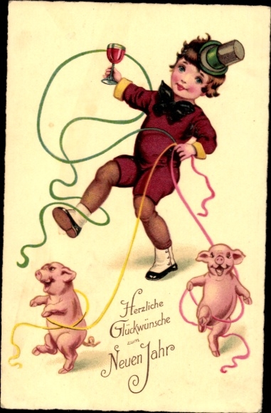 Postcard Happy New Year, boy, pigs