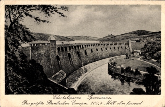 Postcard Hemfurth Edersee Edertal Hesse, Eder Dam, dam wall, largest reservoir in Europe, 202...