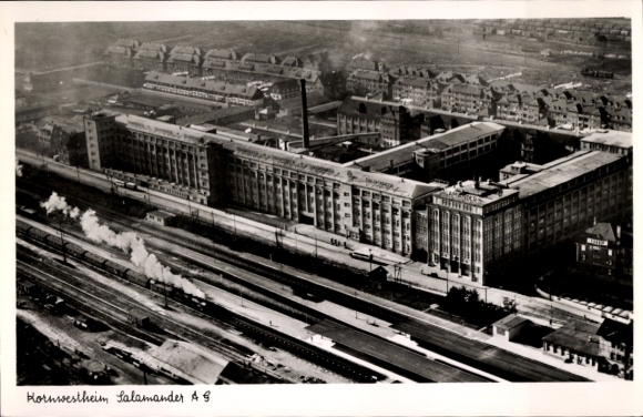 Postcard Kornwestheim in Württemberg, aerial photograph, large factory complex, railway line, steam locomotives