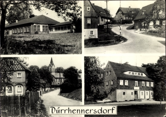 Ak Dürrhennersdorf in Oberlausitz, vakantiekamp voor kinderen, kerk, straatgedeelte