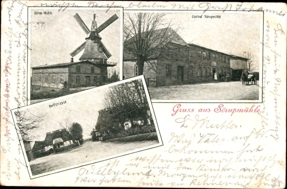 Ak Sörup Sleeswijk Holstein, Gasthof Sörupmühle, dorpsstraat, windmolen