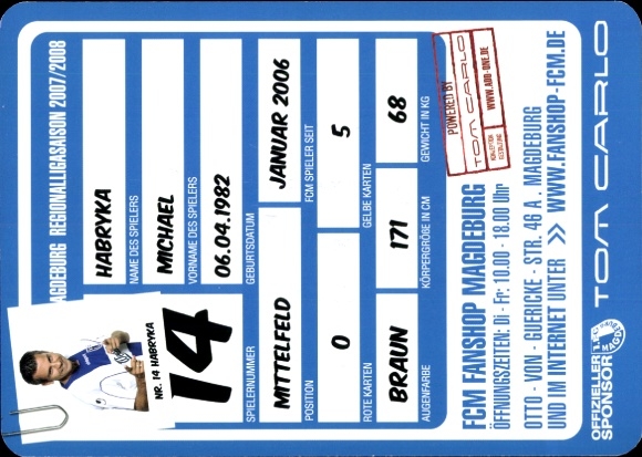 Handtekeningkaart voetballer Michael Habryka, 1. FC Magdeburg, handtekening