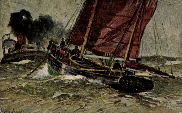 Artist Postcard Sailboat on the sea, warship