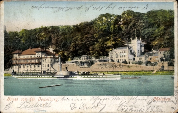 Ak Meißen an der Elbe, Geipelburg, Ufer, Salondampfer Aussig