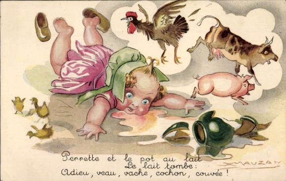 Artist Postcard Mauzan, Perrette et le pot au lait, girl, milk jug, chickens, pig, cow