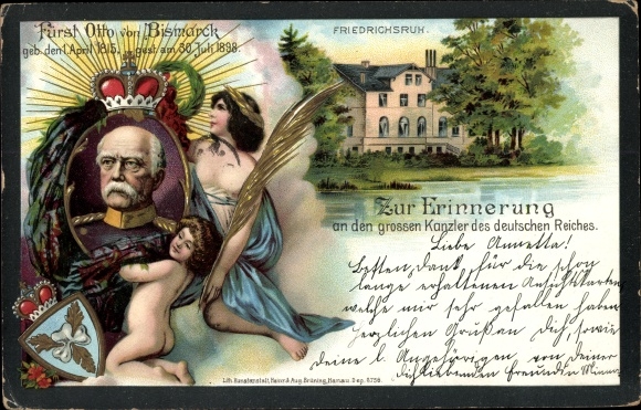 Passepartout Chromo-Litho Friedrichsruh Aumühle Lower Saxony, Bismarck, Castle, funeral card 1898