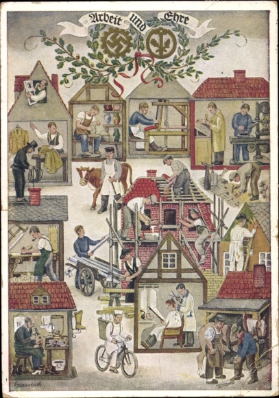 Artist PC Reichs Handwerkertag 1936, work and honor, hairdresser, baker, potter, chimney sweep