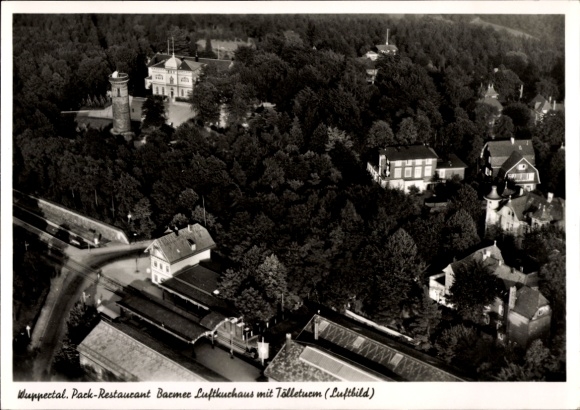 Postcard Wuppertal, aerial view of Pack-Restaurant Bacmee, observation tower