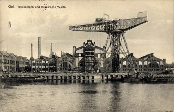 Postcard Kiel in Schleswig Holstein, view of giant crane and Krupp shipyard