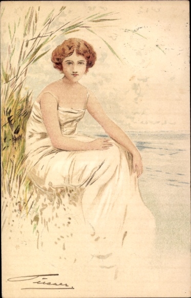 Jugendstil Künstler Ak Dame im weißen Kleid an der Küste