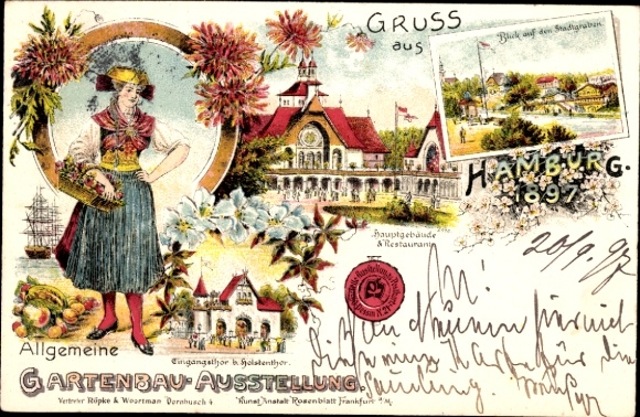 Chromo-Litho Hamburg, General Horticultural Exhibition 1897, traditional costume, city moat, main building