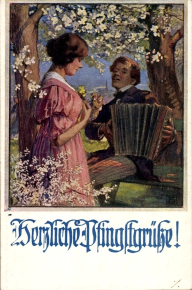 Artist Postcard Congratulations Pentecost, lovers, man playing a musical instrument