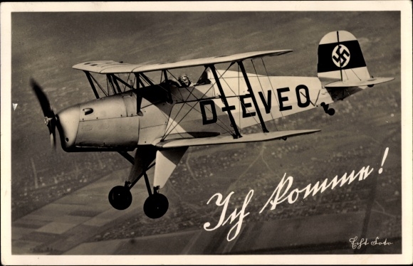 Postcard German Air Force, Bücker Bü 131 Jungmann, training aircraft, D-EVEO, I&#39;m coming