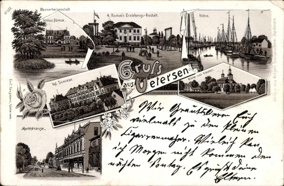 Chromo-Litho Uetersen, harbor, Ramms educational institution, Düneck Castle, Royal Seminary, Marktstraße