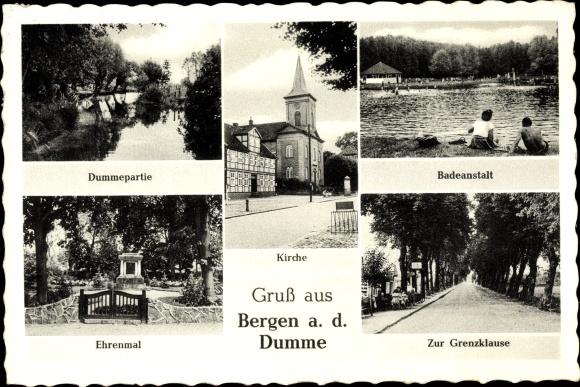 Postcard Bergen on the Dumme Wendland, bathing establishment, Dummepartie, to the border hermitage, memorial, church