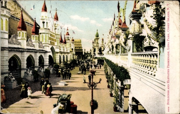 Glitter Postcard Coney Island Brooklyn New York City USA, Buildings on Elevated Promenade