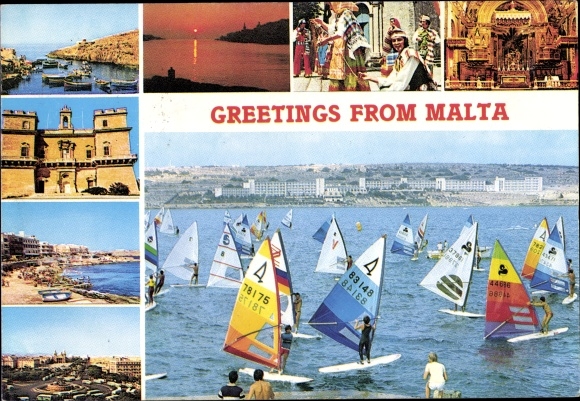 Postcard Malta, town views, sailing party, church, traditional costume, panorama of the town