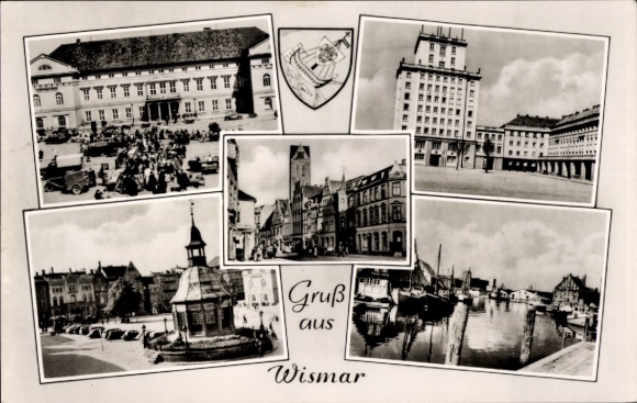 PC Hanseatic City of Wismar, front: five pictures, city views, harbor, historical buildings, market