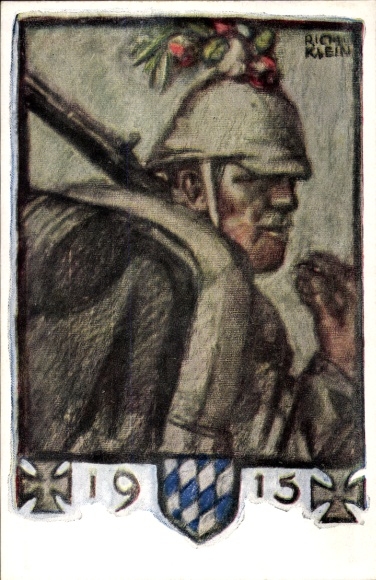 Artist Postcard Klein, Richard, German soldier, 1915, Bavarian war invalid welfare