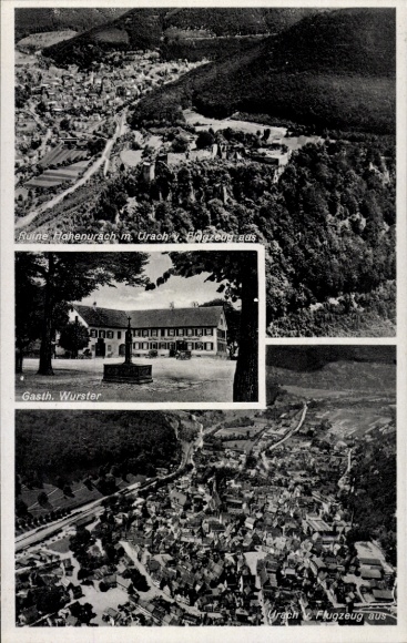 Postcard Bad Urach in the Swabian Alb Württemberg, ruins of Hohenurach, aerial photograph, guest house