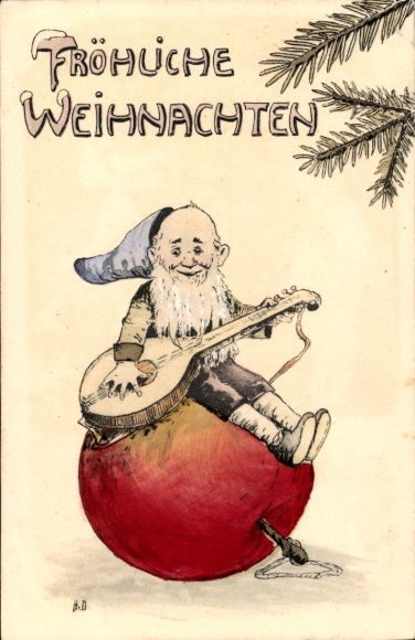 Postcard Merry Christmas, Dwarf with Lute Sitting on an Apple