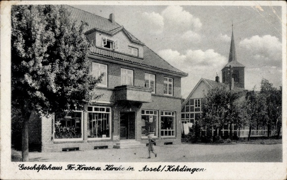 Postcard Assel Drochtersen Lower Saxony, business building Fr. Kruse, church
