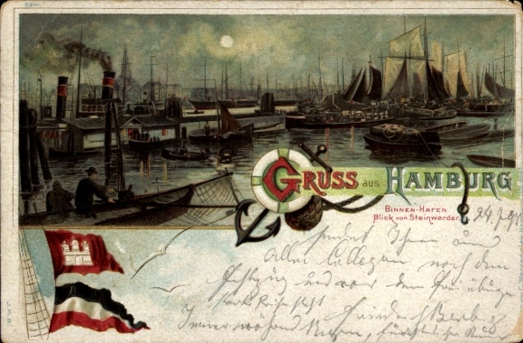 Moonlight coat of arms litho Hamburg, inland port, view from Steinwerder