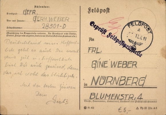 Ak Feldpost II WK, Geprüft Feldposthilfestelle, Gefr. Gerh. Weber 28501 D