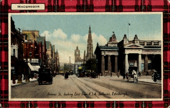 Passepartout Postcard Edinburgh Scotland, Princes Street, RSA Galleries, Tartan MacGregor