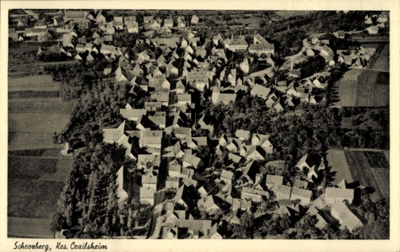 Postcard Schrozberg in Württemberg, aerial view of many roofs, agricultural areas